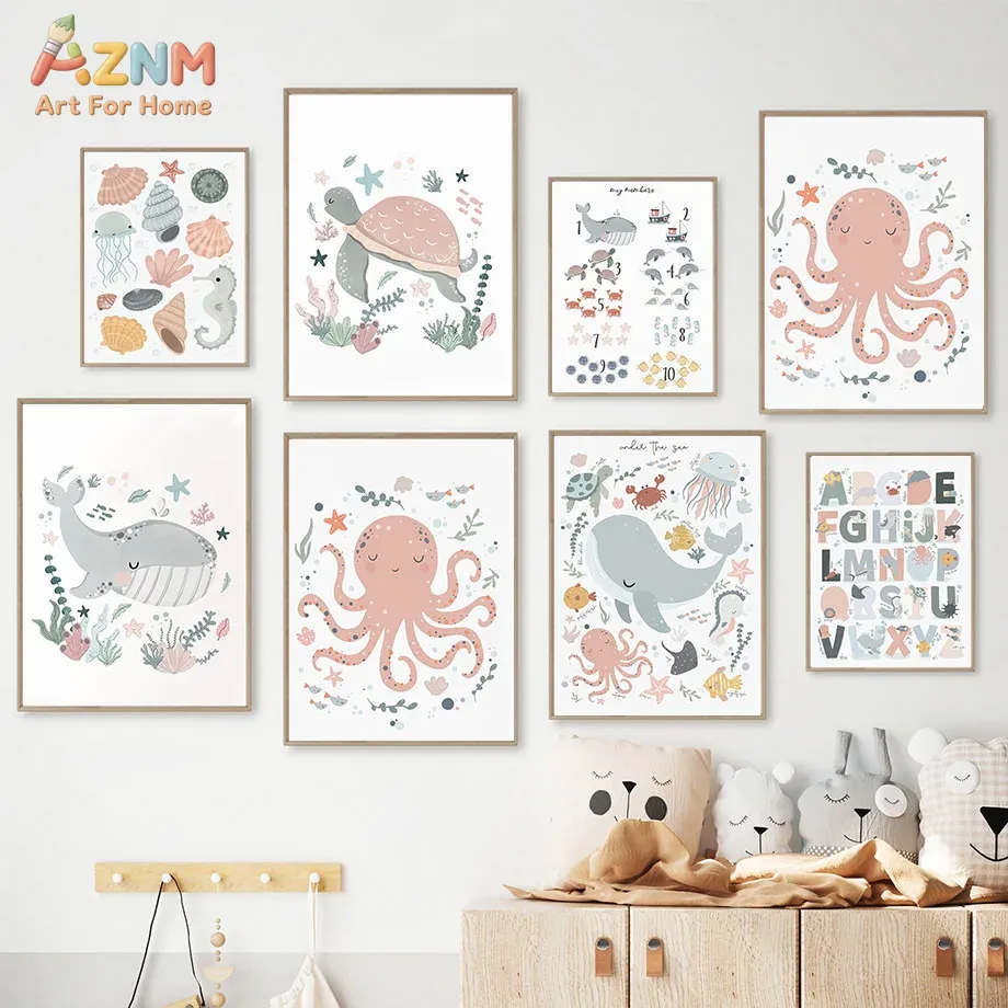 AZNM Nursery Sea Animal Canvas - Kids Educational - Alphabet Numbers & More recensie en prijs